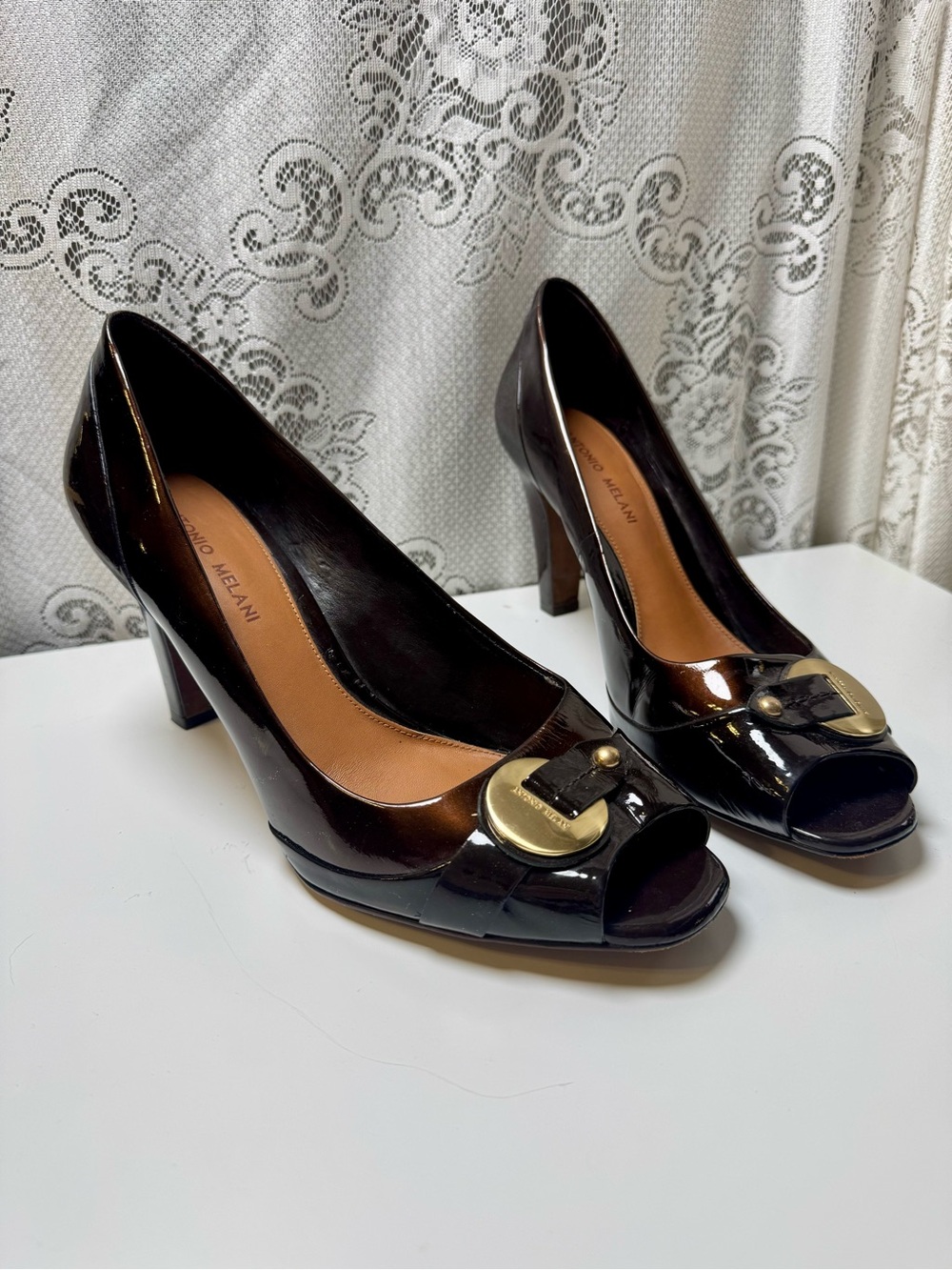 ANTONIO MELANI Size 11 Brown Patent Peep-Toe Pumps with Gold Hardware